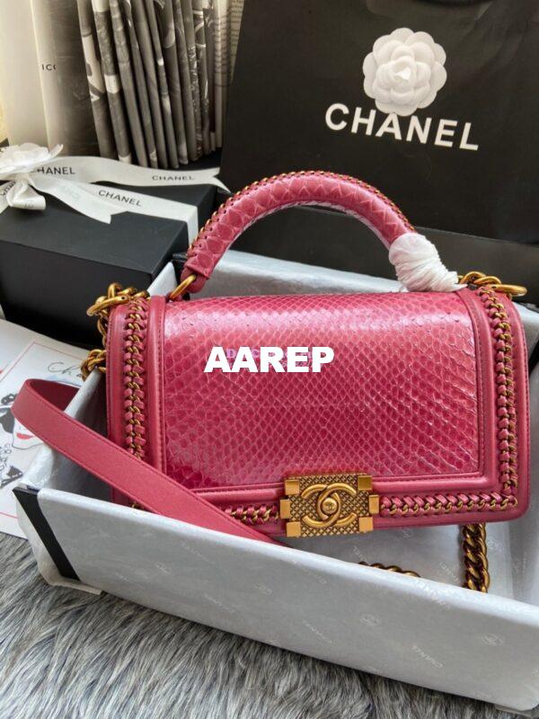 Replica Chanel Python Boy Bag with Handle Strawberry Pink 4