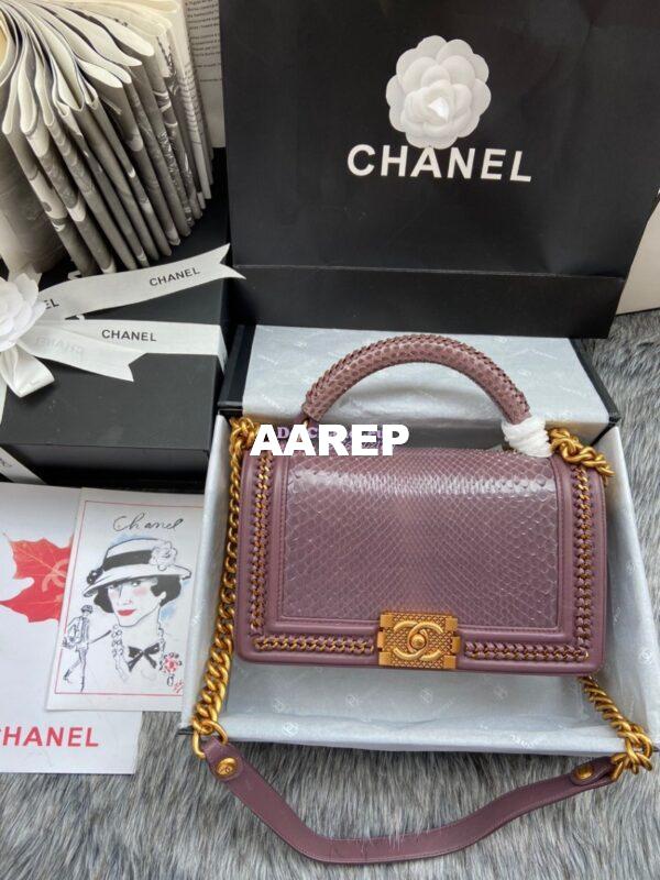 Replica Chanel Python Boy Bag with Handle Purplish Pink 3
