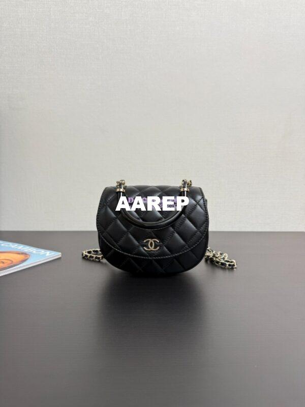 Replica Chanel 25P Enamel Handle Mini Half-Moon Bag in Shiny Lambskin AP4410 Black 2