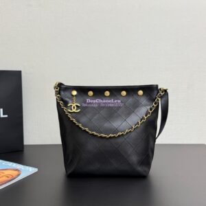 Replica Chanel SS25 Large Bucket Bag in Shiny Lambskin Gold Hardware AS5406 Black