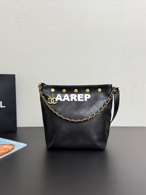 Replica Chanel SS25 Large Bucket Bag in Shiny Lambskin Gold Hardware AS5406 Black 3