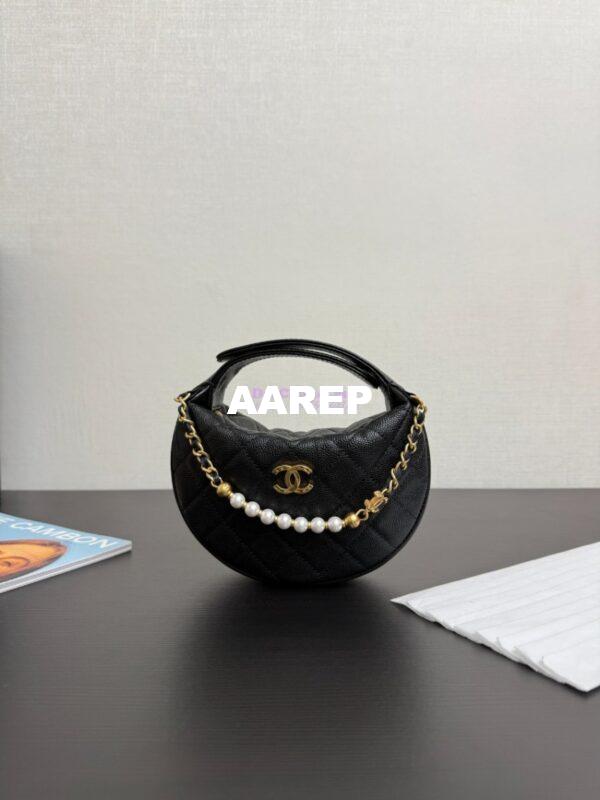Replica Chanel SS25 Grained Calfskin Pouch with Pearls Chain AP4584 Black Limited Edition