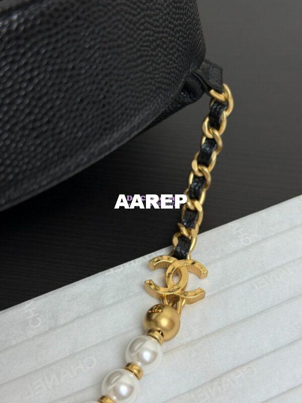 Replica Chanel SS25 Grained Calfskin Pouch with Pearls Chain AP4584 Black Limited Edition 4
