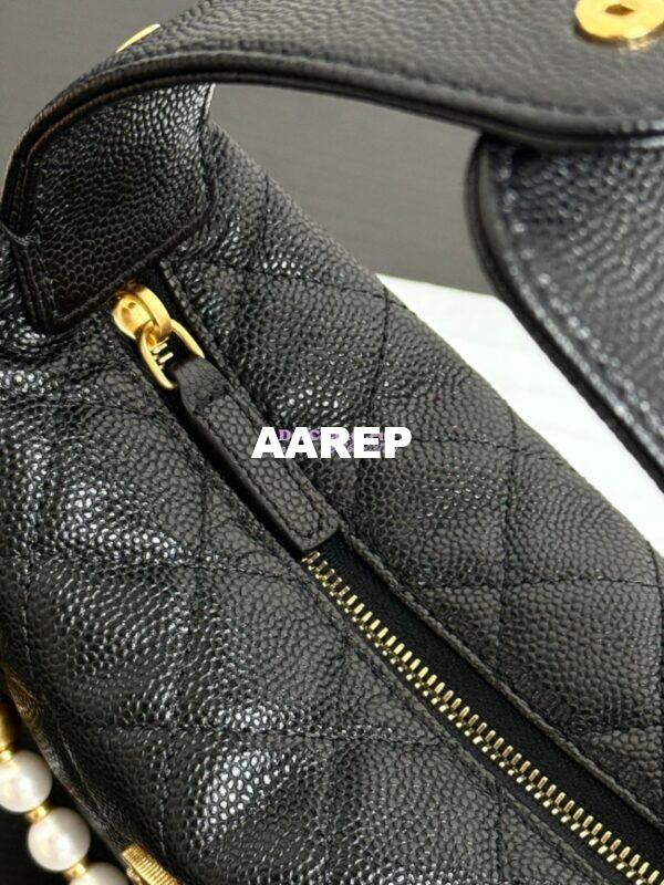 Replica Chanel SS25 Grained Calfskin Pouch with Pearls Chain AP4584 Black Limited Edition 5