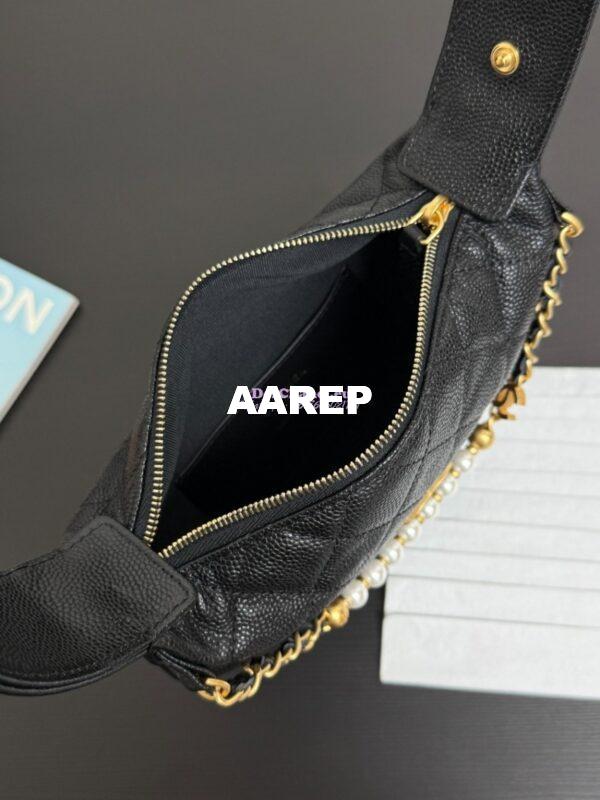 Replica Chanel SS25 Grained Calfskin Pouch with Pearls Chain AP4584 Black Limited Edition 8