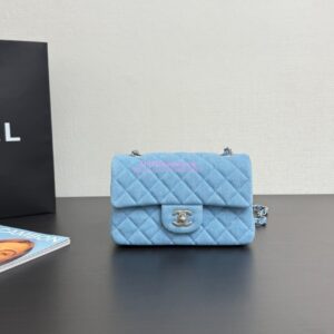 Replica Chanel Small Classic Flap CF Bag Denim with Matte Silver Hardware 20cm Light Blue 2