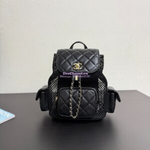 Replica Chanel SS25 Mesh and Lambskin Quilted Duma Backpack AS5484 Black