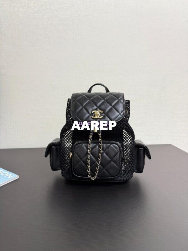 Replica Chanel SS25 Mesh and Lambskin Quilted Duma Backpack AS5484 Black