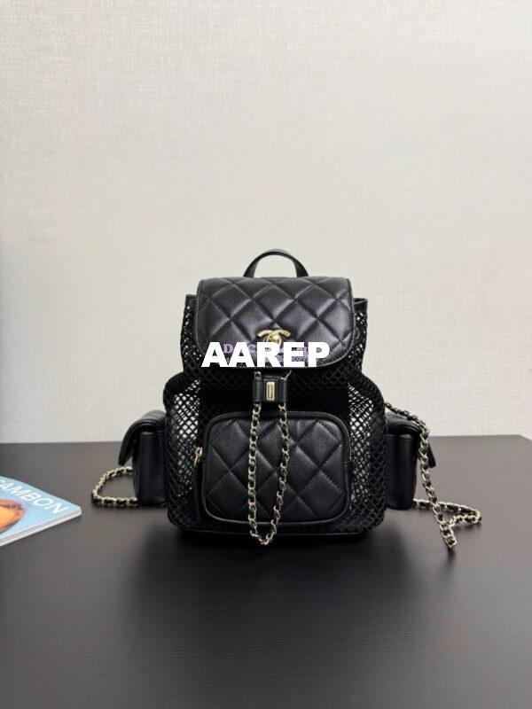 Replica Chanel SS25 Mesh and Lambskin Quilted Duma Backpack AS5484 Black 2