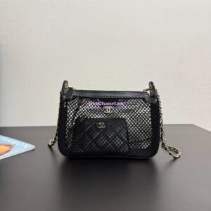 Replica Chanel SS25 Clutch With Chain  Mesh and Shiny Lambskin AP4572 Black 2