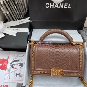 Replica Chanel Python Boy Bag with Handle Brown