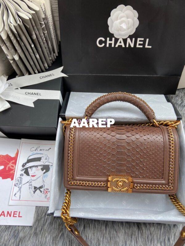 Replica Chanel Python Boy Bag with Handle Brown