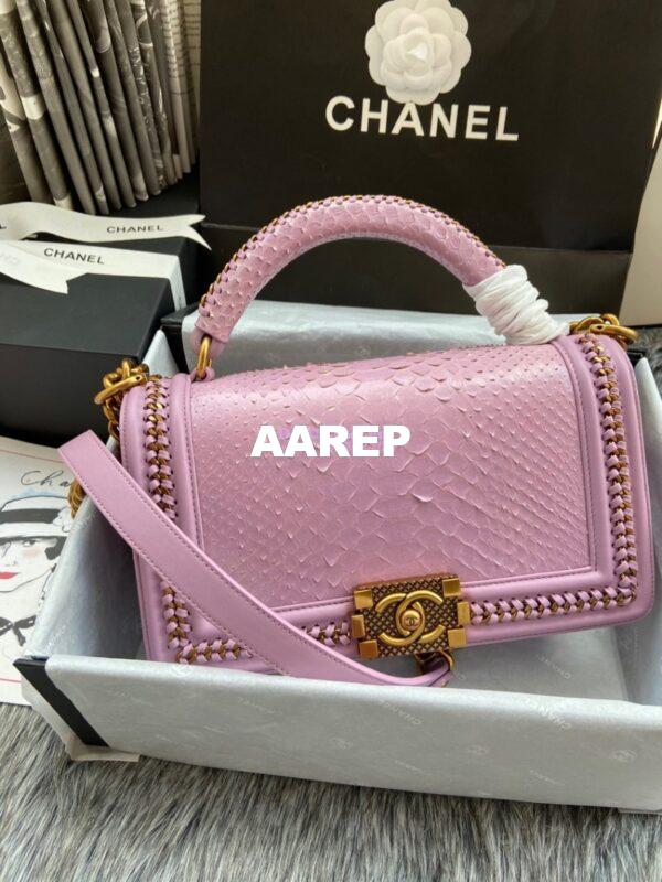Replica Chanel Python Boy Bag with Handle Pink 4