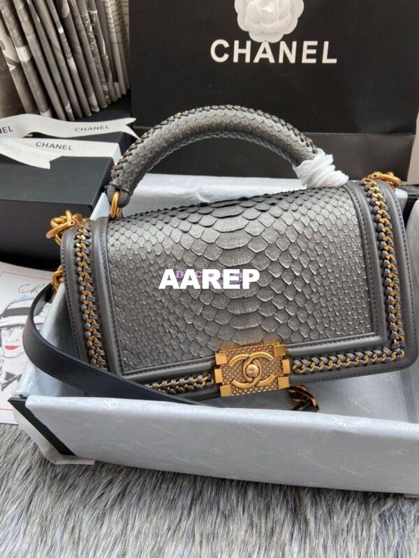 Replica Chanel Python Boy Bag with Handle Onxy 2