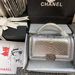 Replica Chanel Python Boy Bag with Handle Metallic Silver