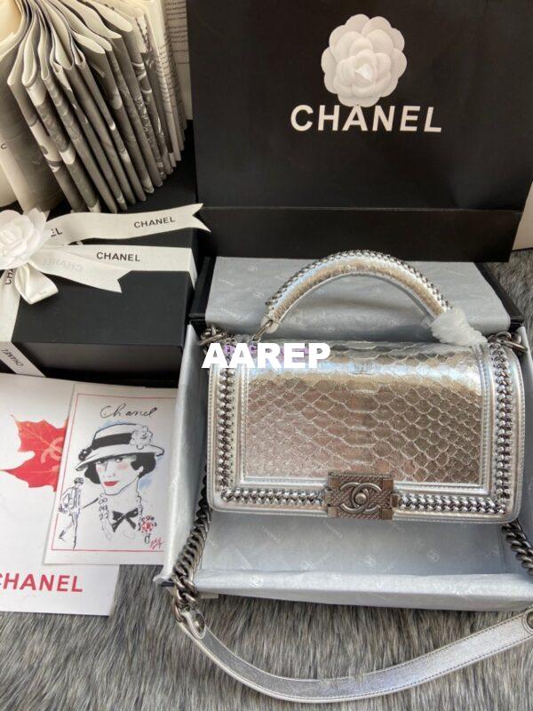 Replica Chanel Python Boy Bag with Handle Metallic Silver