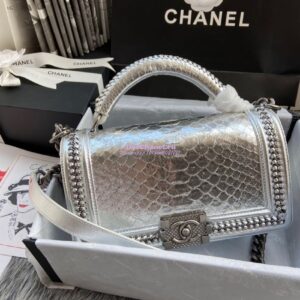 Replica Chanel Python Boy Bag with Handle Metallic Silver 2