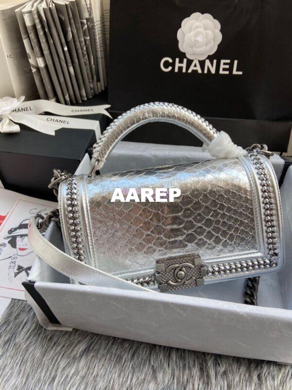 Replica Chanel Python Boy Bag with Handle Metallic Silver 2