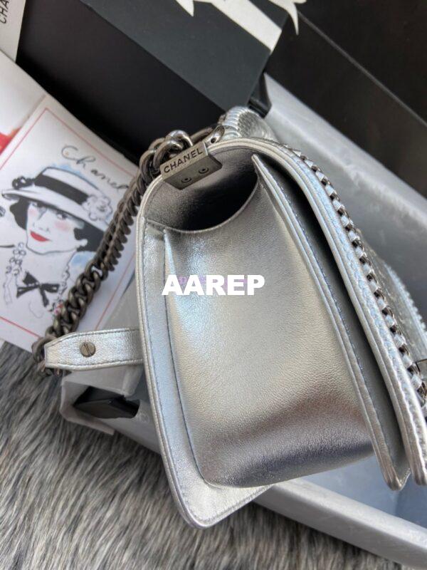 Replica Chanel Python Boy Bag with Handle Metallic Silver 4