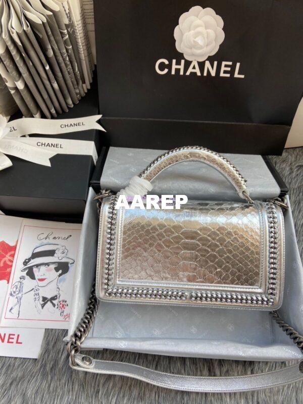 Replica Chanel Python Boy Bag with Handle Metallic Silver 9