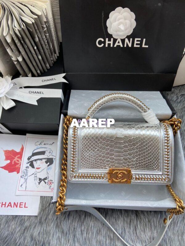 Replica Chanel Python Boy Bag with Handle Metallic Silver 10