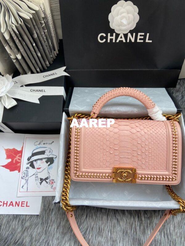 Replica Chanel Python Boy Bag with Handle Blush