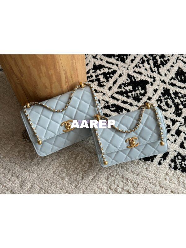 Replica Chanel 25A Relaunched Calfskin Mini / Small Flap Bag with Gold Charm Chain AS2649 AS2615 Light Blue 3