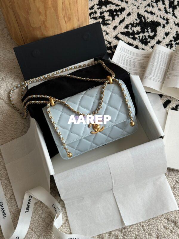 Replica Chanel 25A Relaunched Calfskin Mini / Small Flap Bag with Gold Charm Chain AS2649 AS2615 Light Blue 4