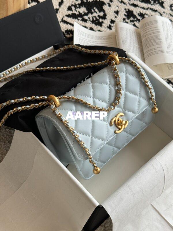 Replica Chanel 25A Relaunched Calfskin Mini / Small Flap Bag with Gold Charm Chain AS2649 AS2615 Light Blue 5