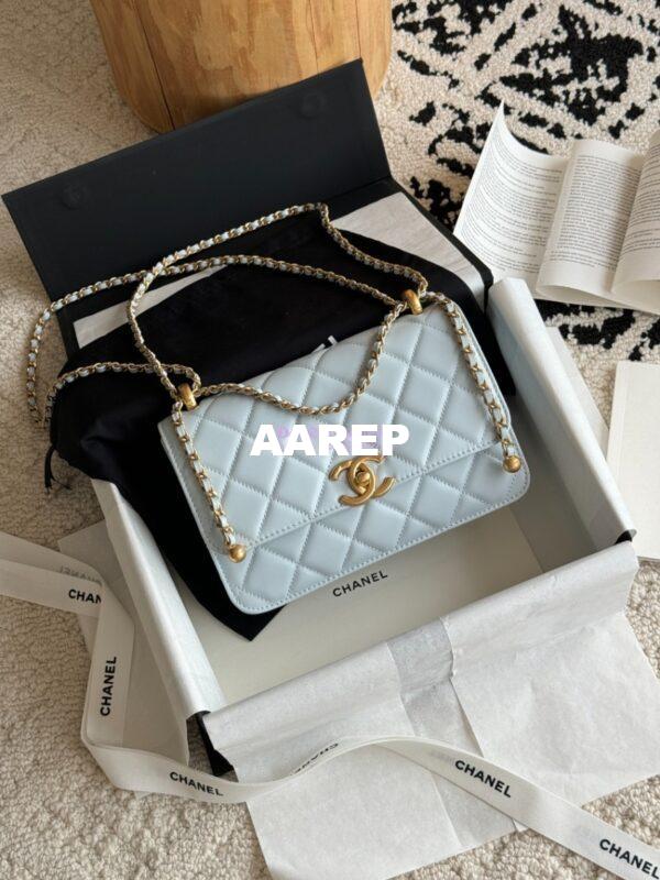 Replica Chanel 25A Relaunched Calfskin Mini / Small Flap Bag with Gold Charm Chain AS2649 AS2615 Light Blue 13