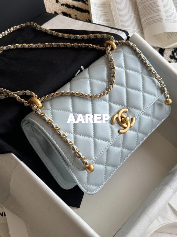 Replica Chanel 25A Relaunched Calfskin Mini / Small Flap Bag with Gold Charm Chain AS2649 AS2615 Light Blue 14