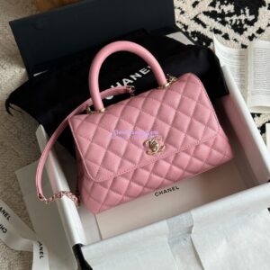 Replica Chanel Coco Handle Bag in Caviar with Edge Stitching 92990 92991 in Light Gold Hardware Peach Pink 2