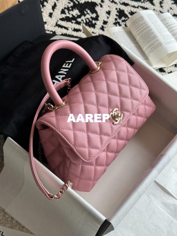 Replica Chanel Coco Handle Bag in Caviar with Edge Stitching 92990 92991 in Light Gold Hardware Peach Pink 5