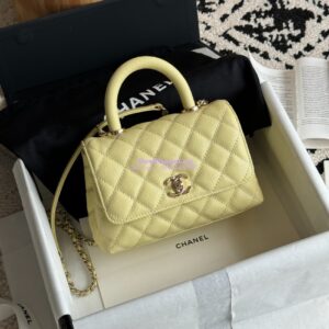 Replica Chanel Mini Coco Handle Bag in Caviar with Edge Stitching AS2215 in Light Gold Hardware Jaune poussin