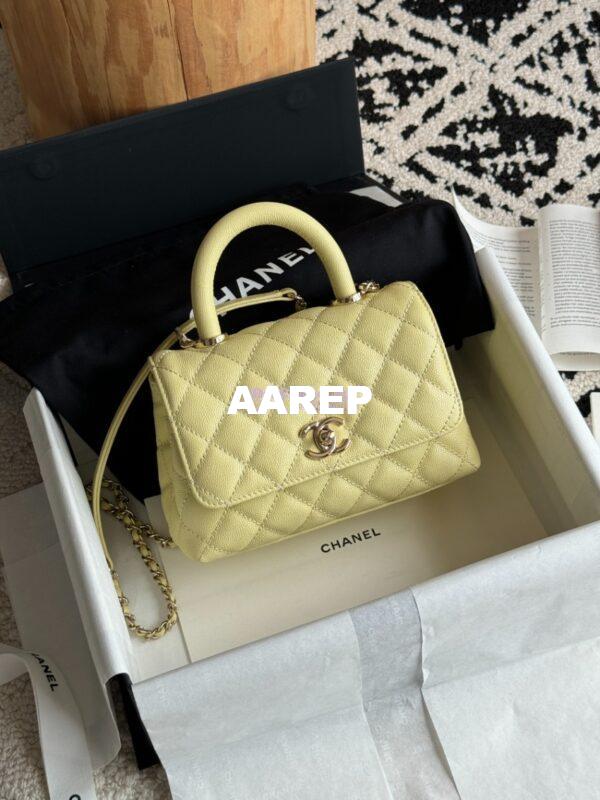 Replica Chanel Mini Coco Handle Bag in Caviar with Edge Stitching AS2215 in Light Gold Hardware Jaune poussin