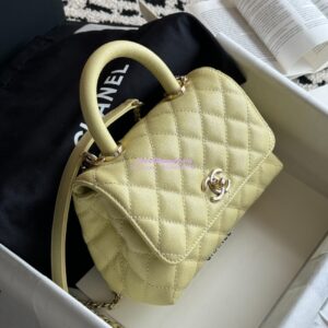 Replica Chanel Mini Coco Handle Bag in Caviar with Edge Stitching AS2215 in Light Gold Hardware Jaune poussin 2