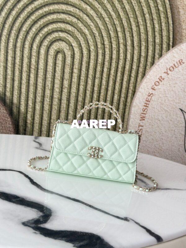 Replica Chanel 25S Leather Chain Strap CC Logo Handle Flap Bag AP3238 Light Green 3