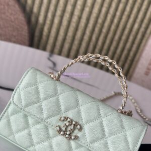 Replica Chanel 25S Leather Chain Strap CC Logo Handle Flap Bag AP3238 Light Green 2