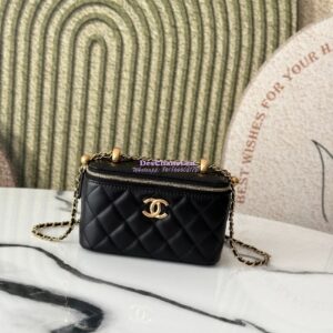 Replica Chanel Vanity Case Calfskin Bag with Adjustable Gold Charm Chain AP3651 Black