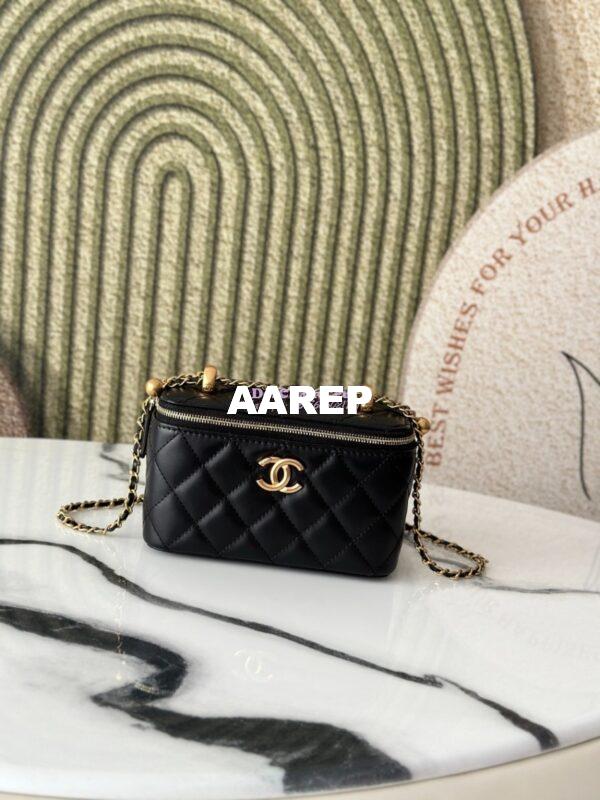 Replica Chanel Vanity Case Calfskin Bag with Adjustable Gold Charm Chain AP3651 Black 3