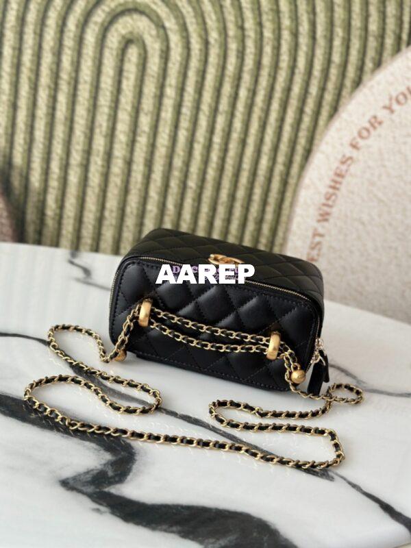Replica Chanel Vanity Case Calfskin Bag with Adjustable Gold Charm Chain AP3651 Black 5