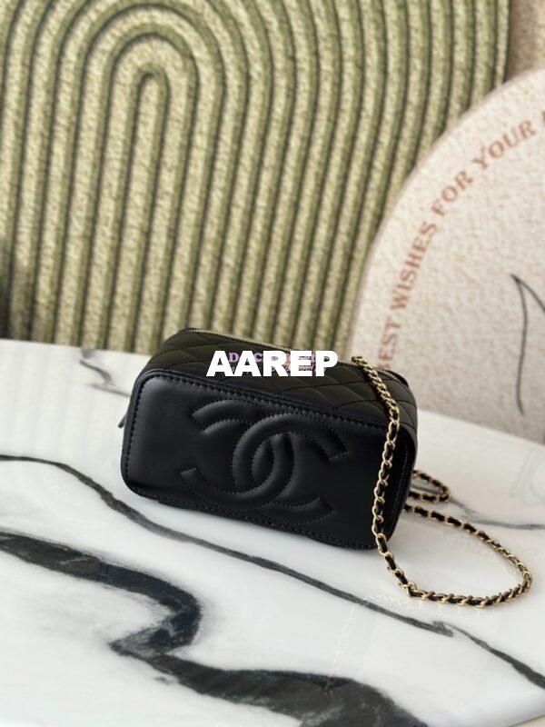Replica Chanel Vanity Case Calfskin Bag with Adjustable Gold Charm Chain AP3651 Black 6