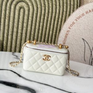 Replica Chanel Vanity Case Calfskin Bag with Adjustable Gold Charm Chain AP3651 White