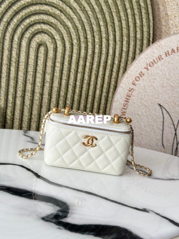 Replica Chanel Vanity Case Calfskin Bag with Adjustable Gold Charm Chain AP3651 White 3