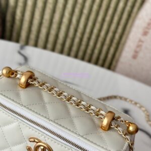 Replica Chanel Vanity Case Calfskin Bag with Adjustable Gold Charm Chain AP3651 White 2