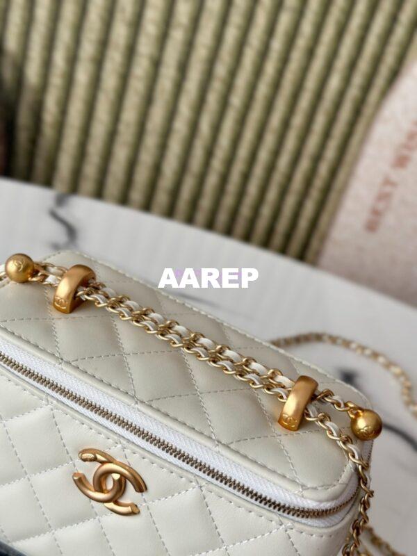 Replica Chanel Vanity Case Calfskin Bag with Adjustable Gold Charm Chain AP3651 White 4