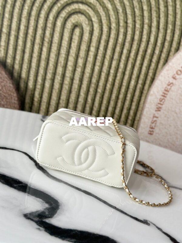 Replica Chanel Vanity Case Calfskin Bag with Adjustable Gold Charm Chain AP3651 White 5