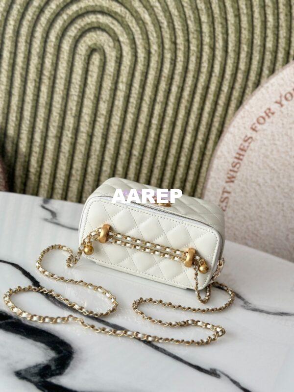 Replica Chanel Vanity Case Calfskin Bag with Adjustable Gold Charm Chain AP3651 White 6