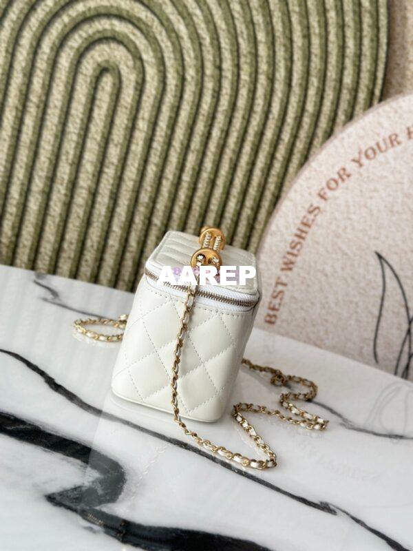Replica Chanel Vanity Case Calfskin Bag with Adjustable Gold Charm Chain AP3651 White 7