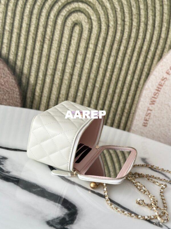 Replica Chanel Vanity Case Calfskin Bag with Adjustable Gold Charm Chain AP3651 White 8